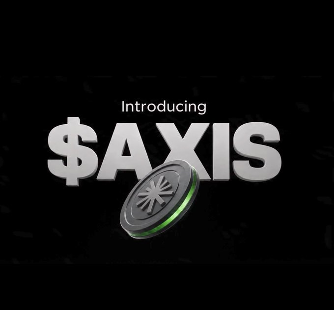 A promotional graphic with the text 'Introducing $AXIS' displayed in silver 3D letters on a black background, featuring a silver coin with a green glow and an emblem in the foreground.