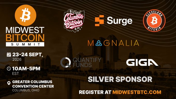 An advertisement for the Midwest Bitcoin Summit on 23-24 September 2026 at the Greater Columbus Convention Center, featuring logos for Bitcoin, Columbus Bitcoin 6.14, Surge, Cleveland Bitcoin, Magnalia, Quantify Funds, and GIGA as a Silver Sponsor.