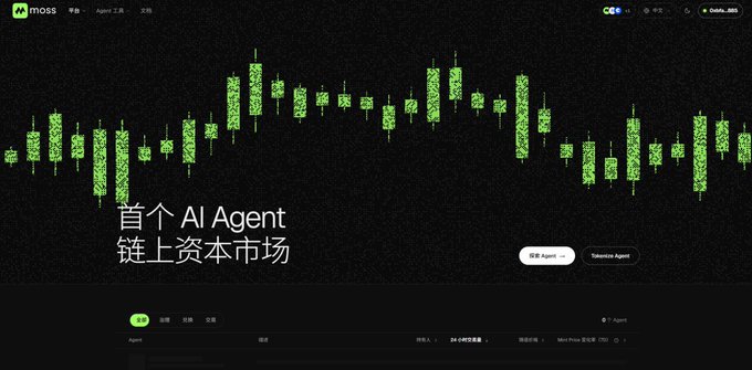 A dark webpage for 'moss' featuring a green candlestick chart and Chinese text translating to 'The first AI Agent on-chain capital market'.