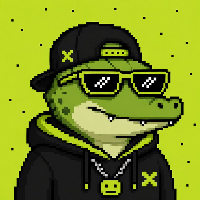A pixel art illustration of a green crocodile wearing a black baseball cap with a yellow 'X', pixelated sunglasses, and a black hoodie featuring a yellow smiley face pendant.