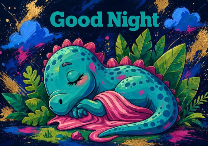 A colorful illustration of a sleeping blue dinosaur covered with a pink blanket, surrounded by tropical leaves, with the text 'Good Night' displayed at the top.