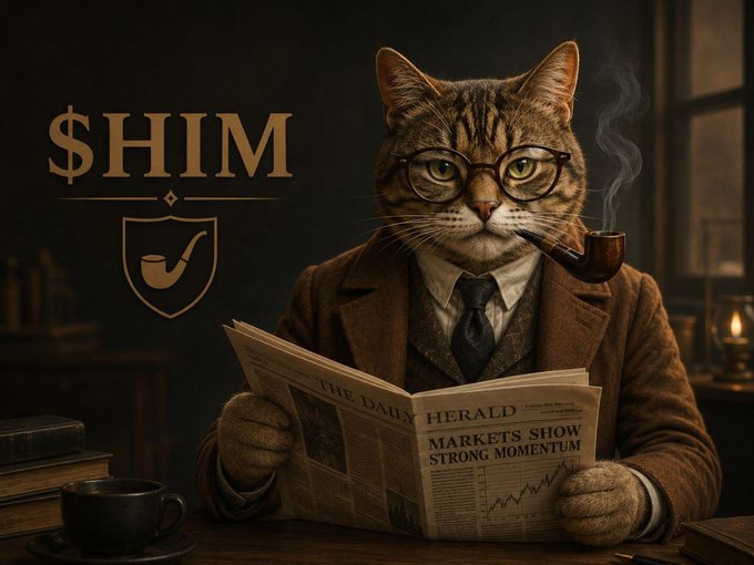 An illustrated tabby cat wearing glasses, a brown suit, and a tie reads 'The Daily Herald' newspaper with the headline 'MARKETS SHOW STRONG MOMENTUM' while smoking a pipe. The text '$HIM' appears in the upper left with a pipe logo.