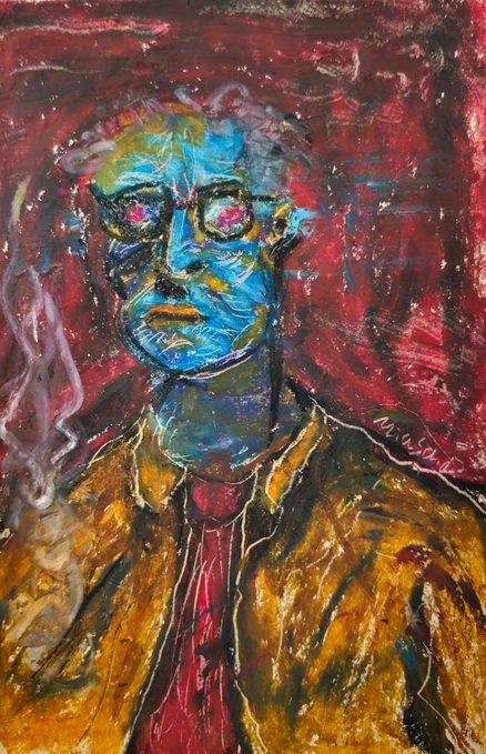 An expressionist oil painting portrait of a man with a blue face, wearing a yellow shirt and red tie, against a dark red background.