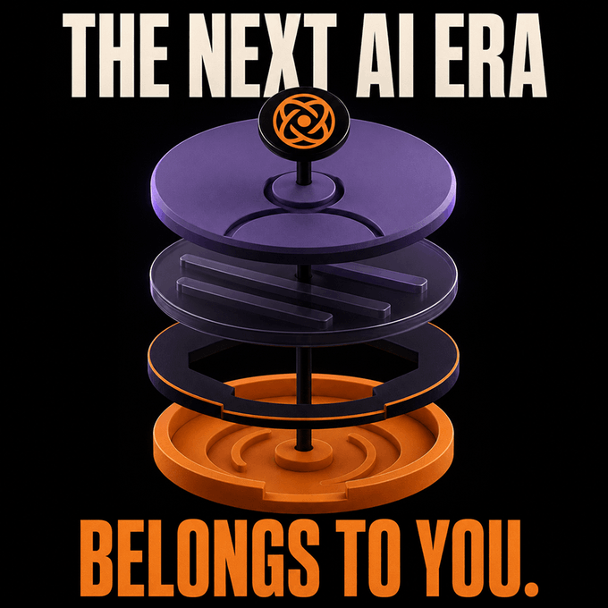 Promotional graphic reading 'THE NEXT AI ERA BELONGS TO YOU.' featuring a purple and orange layered cylindrical design with an orange circular logo at the top.