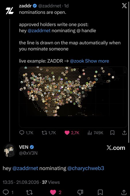 A screenshot of an X (Twitter) post from @zaddrnet stating 'nominations are open,' accompanied by a map of the US covered in user profile icons.