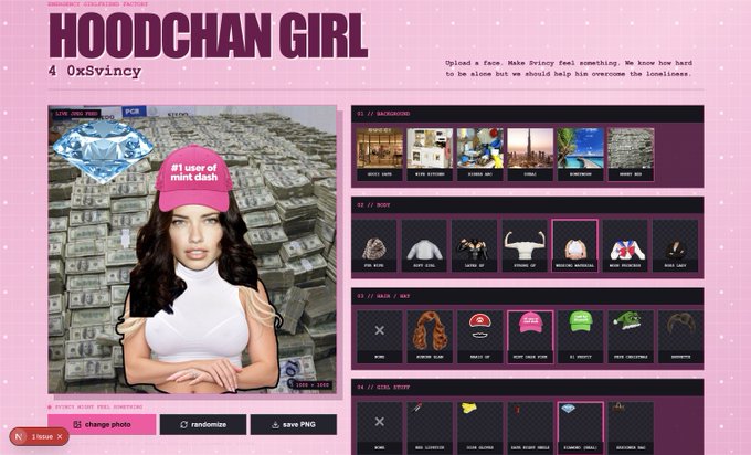 A screenshot of a "Hoodchan Girl" character customization webpage featuring a woman in a white tank top and pink "#1 user of mint dash" cap against a backdrop of stacked money, with menu options for backgrounds, bodies, skin/hair, and gear—the "#1 user of mint dash" cap humorously reflecting the casual, self-referential tone of the "Y'all" post.