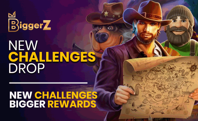 A promotional graphic for BiggerZ featuring a cowboy and two animated characters holding a treasure map, with bold text announcing "NEW CHALLENGES DROP" and "NEW CHALLENGES BIGGER REWARDS" alongside the BiggerZ logo, visually aligning with the post's announcement of a Sunday Challenge offering a 100X multiplier on Book of the Fallen and a $20 cash reward.