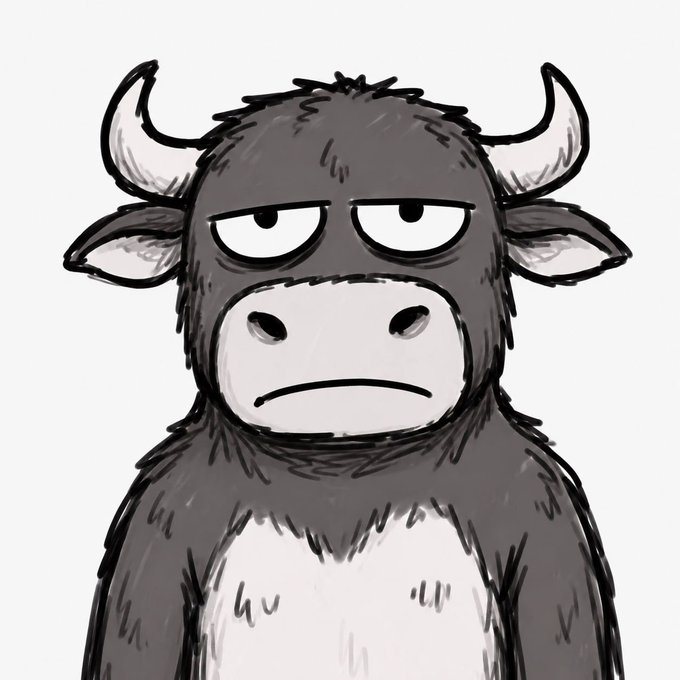 A digital illustration of a cartoon bull with horns, dark fur, and a grumpy facial expression against a white background.