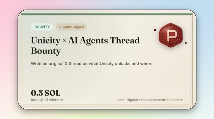A bounty card for 'Unicity × AI Agents Thread Bounty' offering 0.5 SOL to 3 winners for writing an X thread about Unicity.