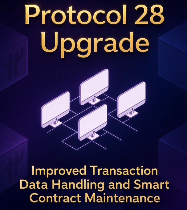 A promotional graphic titled 'Protocol 28 Upgrade' announcing 'Improved Transaction Data Handling and Smart Contract Maintenance'.