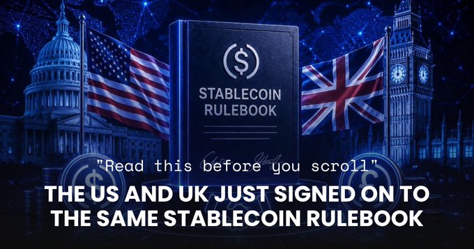 A digital graphic featuring the U.S. Capitol and Big Ben with American and British flags flanking a "STABLECOIN RULEBOOK," captioned "THE US AND UK JUST SIGNED ON TO THE SAME STABLECOIN RULEBOOK."