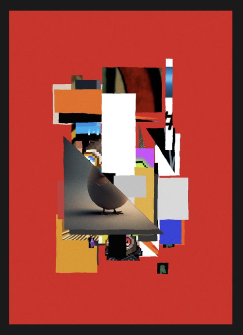 An abstract digital collage featuring a pigeon on a gray plane surrounded by fragmented geometric shapes and colorful blocks against a bold red background with a black border.
