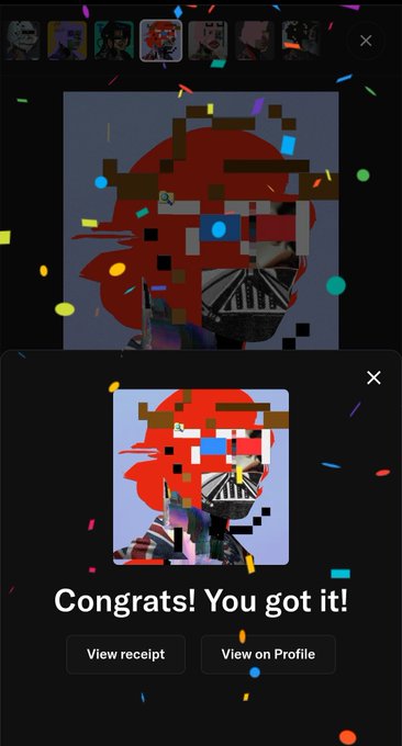 A mobile screen displays a pixelated, glitch-style NFT artwork of a figure with a red bandana, celebrating a successful mint with "Congrats! You got it!" along with "View receipt" and "View on Profile" buttons, while colorful confetti effects surround the digital collectible.