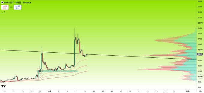 A daily candlestick chart of NMR/USDT on Binance shows the price retesting a descending resistance trendline around $14, with a circled bounce area near $12 and a volume profile on the right highlighting a key resistance zone between $16-18, supporting the post's view of a potential rebound toward $18-22.