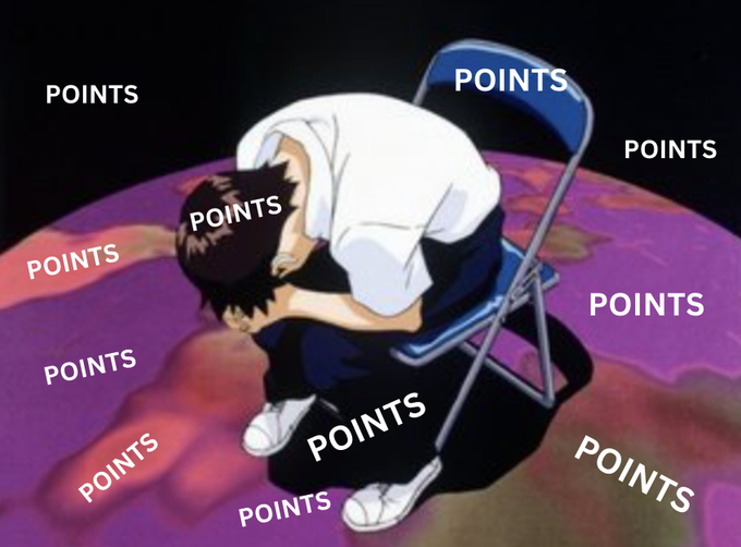 An anime meme showing a character slumped over in defeat on a chair, surrounded repeatedly by the word 'POINTS' in white text.