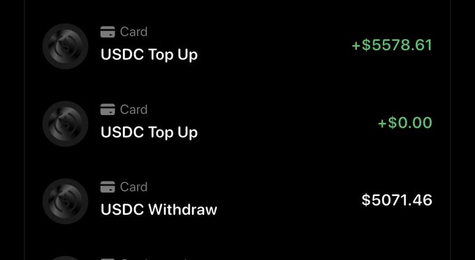 A dark-themed financial transaction screen shows a series of card transactions, including 'USDC Top Up' of +$5578.61 and +$0.00, and a 'USDC Withdraw' of $5071.46.