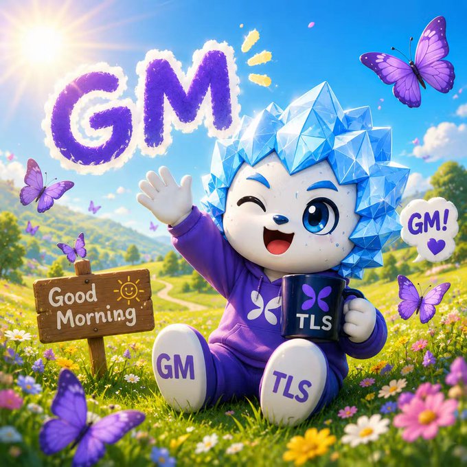 The image features a cartoon character, possibly a little girl or boy, sitting in a field with flowers around them. The character has a cup of coffee in their hand and is waving at the camera. There are also butterflies flying nearby, adding to the lively atmosphere. The background includes a sign that reads "Good Morning" and another sign that says "TLS". These signs suggest that this image might be related to a post about good mornings or promoting a product like TLS.