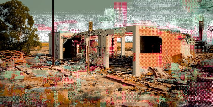 An artistic image of an abandoned building structure in a desert-like landscape, overlaid with glitchy halftone dot patterns and pink/cyan digital distortions creating a retro-futuristic aesthetic.
