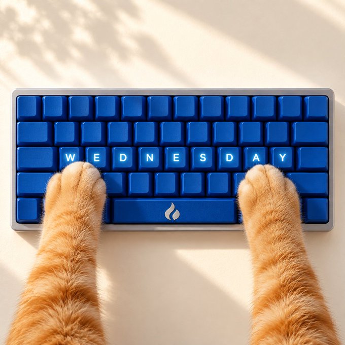 Two orange cat paws rest on a blue mechanical keyboard where the keys spell out "WEDNESDAY" across the home row, whimsically representing the cat "Little Fire Meow" manually initiating the Wednesday meme by pressing the keys, with a "GM" (good morning) crypto-style greeting and a flame-like logo on the spacebar tying into the playful, pet-driven social media post.