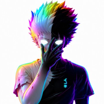 An anime-style character with spiky, rainbow-colored hair and glowing white eyes holds up a dark hand to their face, wearing a t-shirt that appears to have "LA" on it.