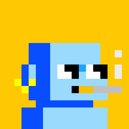 A pixel art character with a light blue and yellow head, wearing black pixelated sunglasses and smoking a cigar, appears against a solid yellow background.