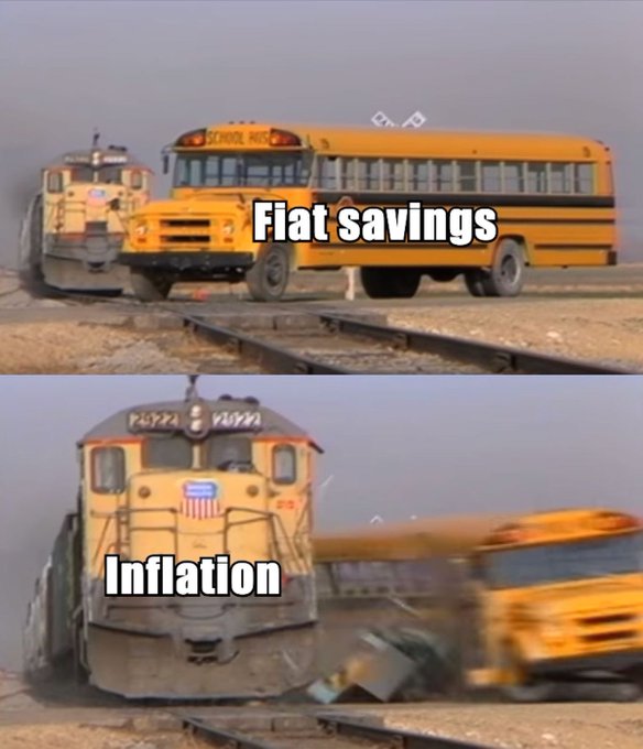 A two-panel meme uses a train and school bus collision analogy: the top panel labels the bus as 'Flat savings' blocking the train, while the bottom panel shows an unstoppable train labeled 'Inflation' crashing through it.