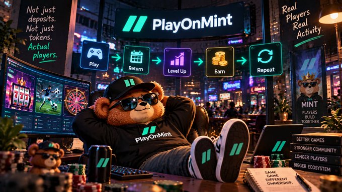 Promotional graphic for PlayOnMint featuring a bear mascot wearing sunglasses and a cap, lounging with monitors and poker/casino elements in the background, with text 'Not just deposits. Not just tokens. Actual players.' and a process flow: Play, Return, Level Up, Earn, Repeat.