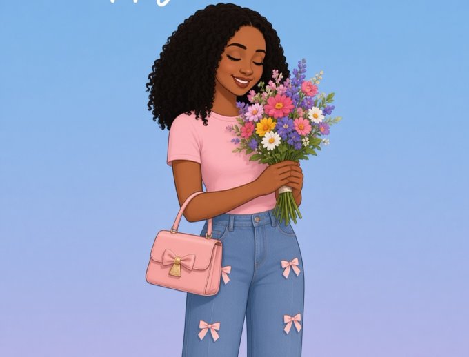 Illustration of a smiling woman holding a colorful bouquet, wearing a pink shirt, bow-decorated jeans, and carrying a pink handbag against a blue background.