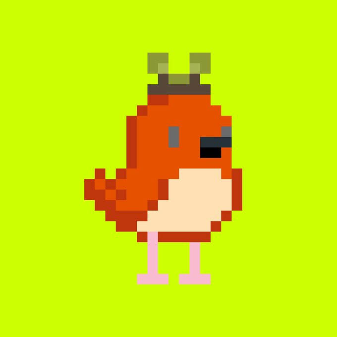 A pixel art illustration of a small orange bird with a dark beak and green sprout on its head stands against a bright lime green background, representing one of the collectible "birdhood" NFTs being stacked and given away in the promotion.