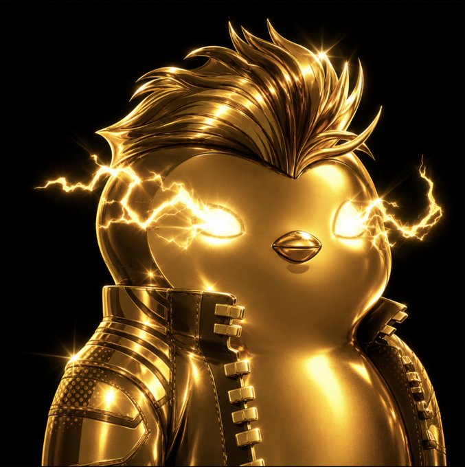 A 3D-rendered golden character resembling a chubby bird wearing a leather jacket, with glowing yellow lightning-bolt eyes emanating energy against a black background.