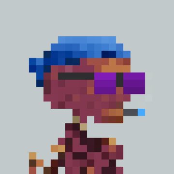A pixel art character with blue hair, red skin, wearing purple sunglasses and holding a cigarette.