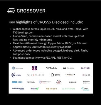 A presentation slide from CROSSOVER lists key highlights of "CROSSx Disclosed," detailing a non-custodial commission-based model with zero up-front fees and global access, along with logos of partner firms including Citi, Galaxy, Nonco, and Keyrock.