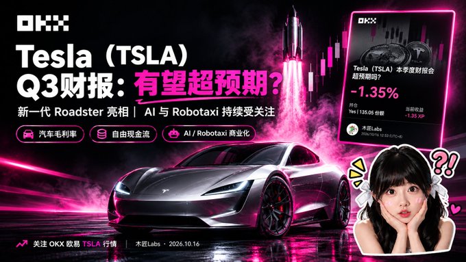 A promotional graphic from OKX dated 2026.10.16 features a dark Tesla Roadster against a pink and purple neon background, highlighting Tesla's Q3 earnings preview with text reading "Tesla (TSLA) Q3财报：有望超预期?" and key topics including "新一代 Roadster 亮相" (next-gen Roadster reveal), "AI 与 Robotaxi 商业化," automotive margins, and free cash flow. The displayed TSLA price shows ¥135.05 with a -1.35% change, aligning with the post's excitement about Tesla's new Roadster reveal and ongoing AI/Robotaxi developments.
