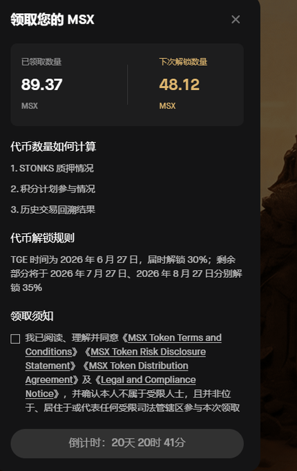 A pop-up window titled "领取您的 MSX" (Claim Your MSX) displays that 89.37 MSX has already been claimed with 48.12 MSX available next, alongside token unlocking rules with a countdown timer showing 20 days, 20 hours, and 41 minutes remaining. The image relates to the post by showing the user their pending MSX token rewards (totaling 137.49 MSX) earned through participation in STONKS staking and trading activities, explaining why they were motivated to claim after previously forgetting.