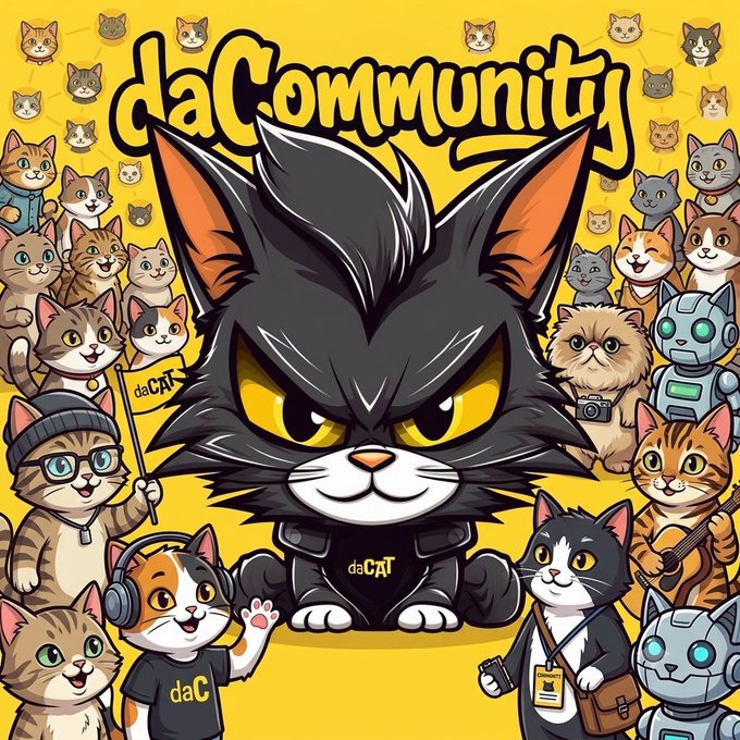 A stylized black cat with yellow eyes wearing a "daCAT" shirt stands at the center, surrounded by a diverse crowd of cartoon cats, robots, and characters, with the bold text "daCommunity" arching above against a vibrant yellow background. The image visually embodies the $daCAT Ethereum community, showcasing a lively, inclusive gathering of feline fans rallying under the daCAT banner.
