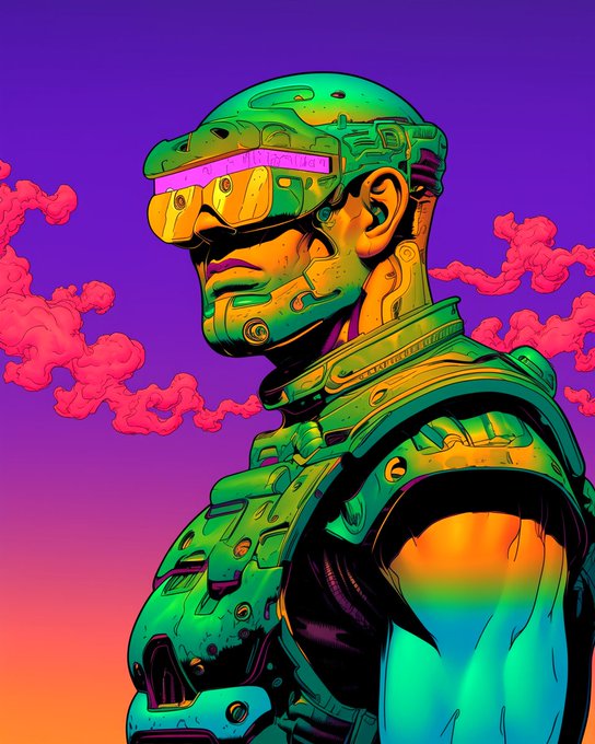 A vibrant digital illustration of a green and orange cyborg or robotic character wearing futuristic goggles and armor against a pink and purple sunset sky.