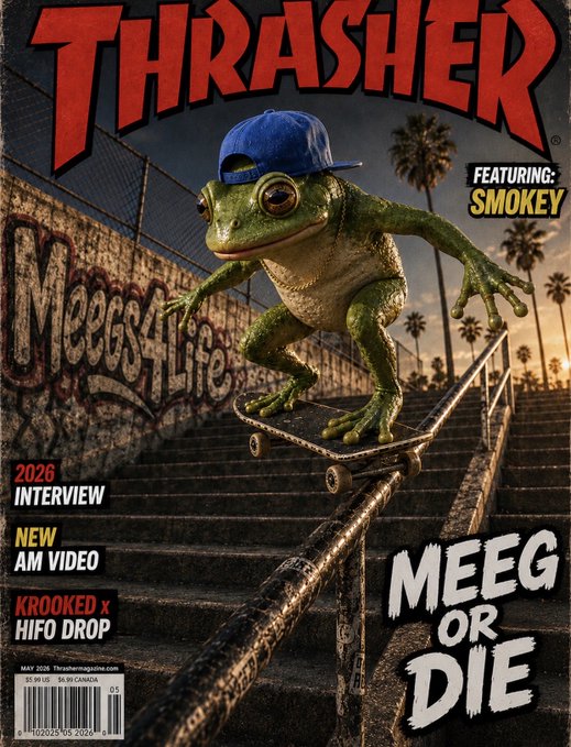 This is a parody of a Thrasher magazine cover featuring a large green tree frog wearing a backwards blue cap, skateboarding down a handrail alongside graffiti that reads "Meegs Life" at a skatepark with palm trees. The cover highlights "MEEG OR DIE" and lists features including a "2026 INTERVIEW," "NEW AM VIDEO," "KROOKED x HIFO DROP," and a "FEATURING: SMOKEY" callout, with a May 2026 issue date priced at $5.99 US.