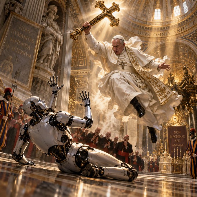 A dramatic, AI-generated style image of a Pope in white robes leaping into the air while holding a large golden cross above a fallen humanoid robot inside an ornate cathedral.