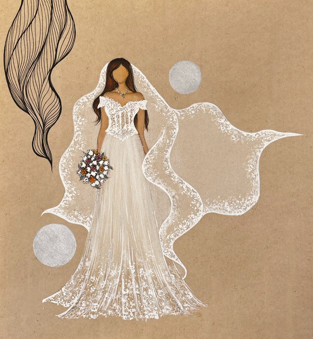 An artistic illustration depicts a faceless bride in a detailed white lace wedding gown with a flowing veil, holding a bouquet, set against a kraft paper background with decorative leaf and circle accents.