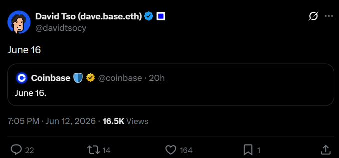 The image features a black background with white text, including a Twitter post from David Tsoy. The post contains information about Coinbase's June 16th release date for their new coinbase token. The post also mentions that there are 705 PM on June 12th and 16,065 views of the coinbase announcement.