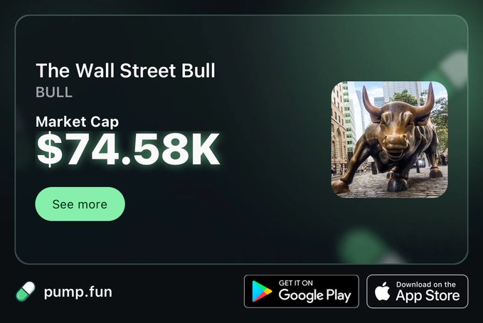 A pump.fun meme coin listing titled 'The Wall Street Bull' (BULL) showing a market cap of $74.58K, featuring the iconic Wall Street Charging Bull statue.