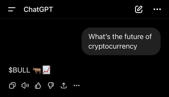 The image shows a black screen with white text that reads "What's the future of cryptocurrency?". The text also includes an emojis for a bull and a dollar sign, which are used to represent the $BULL symbol and the currency symbol respectively. This suggests that the image is related to a post about crypto or cryptocurrency on social media platforms like Twitter.