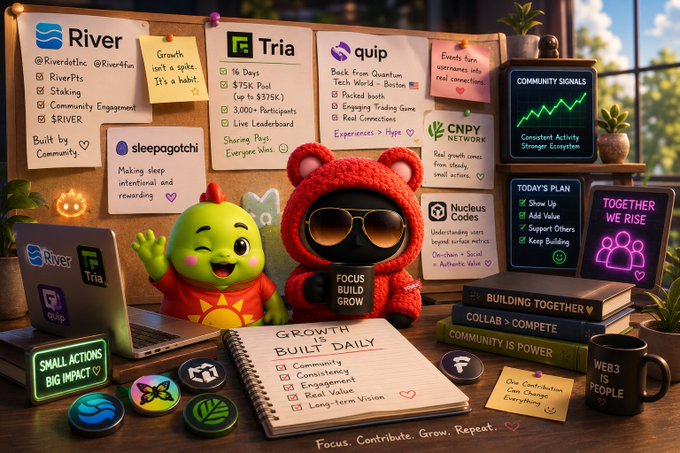 A vibrant digital illustration of a workspace featuring two cute mascot characters (a green creature and a red bear) surrounded by sticky notes referencing projects like River, Tria, quip, CNPY Network, and Nucleus Codes, with motivational text like 'GROWTH BUILT DAILY' and 'FOCUS BUILD GROW'.