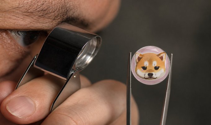 A close-up image shows a person using a jeweler's loupe to examine a small pink gemstone-shaped object featuring a Shiba Inu dog face inside it.