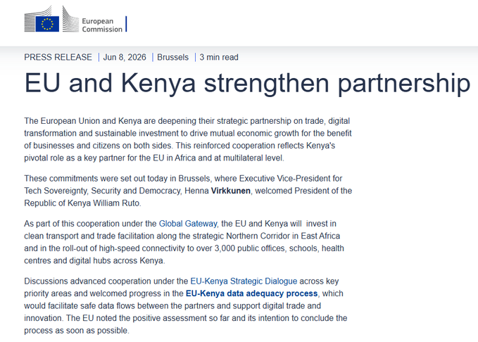€70M+ of EU funding flowing into Kenya, which is a developing country that has been receiving €70M from the European Union for digital infrastructure development. The image shows a press release about this partnership between the European Union and Kenya, highlighting their collaboration in improving digital access and connectivity within the region.