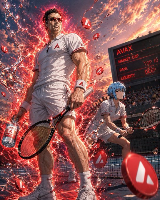 The image features a man holding a tennis racket, standing next to another person who also has a tennis racket. They are both dressed in white outfits, which adds to the overall theme of the picture. The background includes a sunset with clouds, giving the scene an artistic and vibrant feel. There is also text present that reads "The golden summer is here amigos I’ve been having fun in the area with @nobsfud Just loaded more avax to prepare for the presale Can’t wait to play with Avax legend @ExcelBaller Hold your liquid". This suggests a connection between the tennis players and the post, possibly indicating that they are both involved in or interested in tennis.