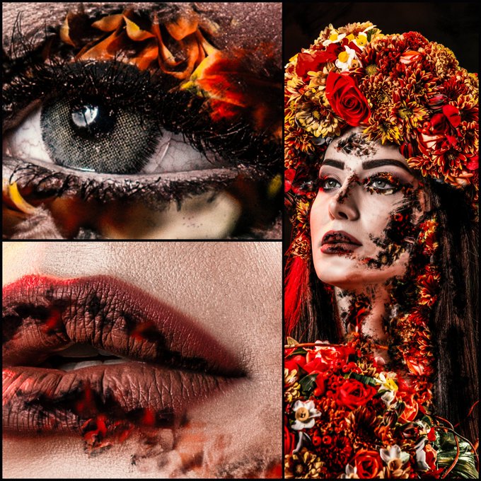A collage of striking close-ups showcases dramatic artistic makeup, featuring a piercing eye framed by floral accents, bold red lips with intricate detailing, and a full portrait of a woman adorned with a vibrant red and orange flower crown and matching bodice—emphasizing how intricate details create powerful visual impact.
