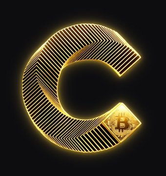 A stylized golden 'C' logo composed of lines, featuring a small Bitcoin symbol within its curve, set against a black background.