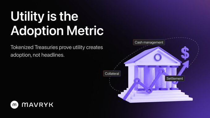 A Mavryk promotional slide titled 'Utility is the Adoption Metric' with the tagline 'Tokenized Treasuries prove utility creates adoption, not headlines,' featuring a 3D illustration of a bank building with arrows labeled 'Cash management,' 'Collateral,' and 'Settlement.'
