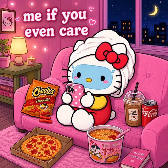 The image shows a Hello Kitty-style character wearing a towel on her head sitting on a pink couch surrounded by snacks including Cheetos Flamin' Hot, an iced coffee, Coca-Cola, ramen, and a pepperoni pizza, with the text "me if you even care" at the top and a book titled "how to be unbothered" visible. The caption playfully contrasts the "unbothered" aesthetic with the indulgent comfort food setup, suggesting that despite trying to appear detached and unbothered, the character is clearly invested—mirroring the post's theme of pretending not to care about crypto while confessing it's their "fire of desire" and "soul."